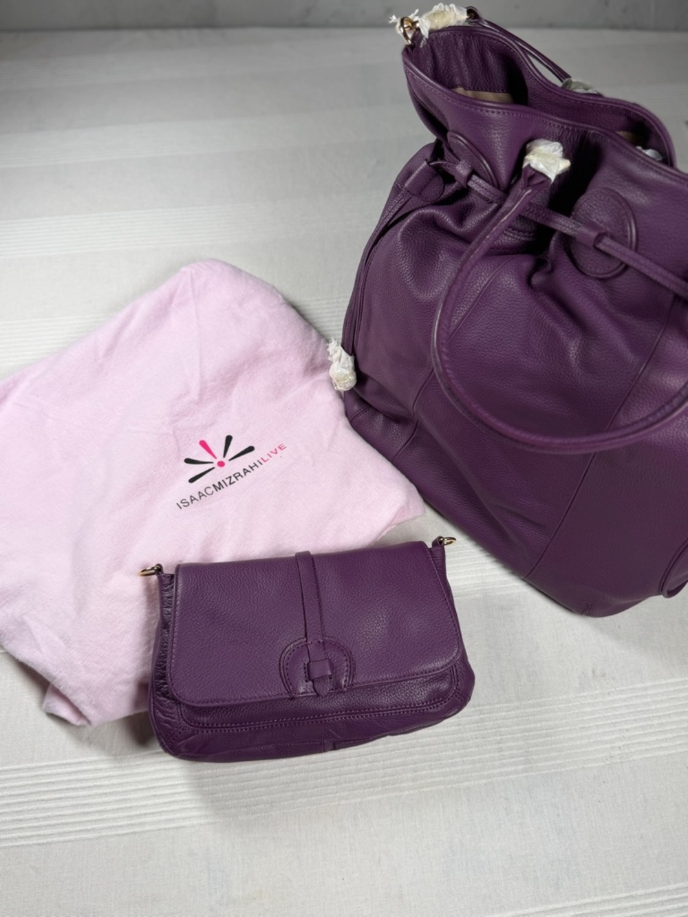 Isaac Mizrahi Deep Purple Leather Tote with Matching Crossbody